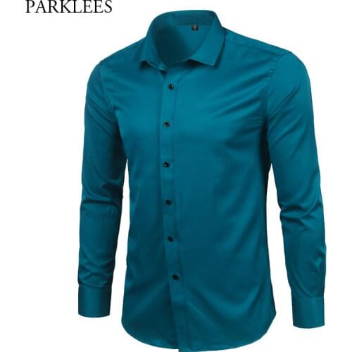 Mens Bamboo Fiber Dress Shirts Slim Fit Solid Long Sleeve Causal Button Down Shirts Men Elastic Non Iron Easy Care Formal Shirt