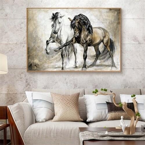 Retro Nostalgia Brown Horse Dance Wall Art Posters Living Room Animal Oil Painting On Canvas Wall Pictures For Home Decor