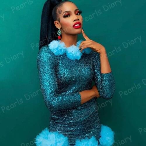 Latest Teal Sequined Short Women Birthday Party Dresses Cute Tulle 3D Flower Mini Cocktail Dresses Sexy Sheath Women Dress