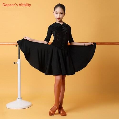 Latin Dance Clothes Girl Temperament Lapel Suit Dress Child Autumn And Winter Long Sleeve Performance Skirt Practice Clothing