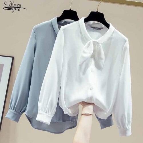 2021 Solid Color Bow Tie Autumn Fashion Chiffon Blouse Women Long Sleeve Tops Vintage Sweet Cardigan Shirts Blusas Mujer 11598