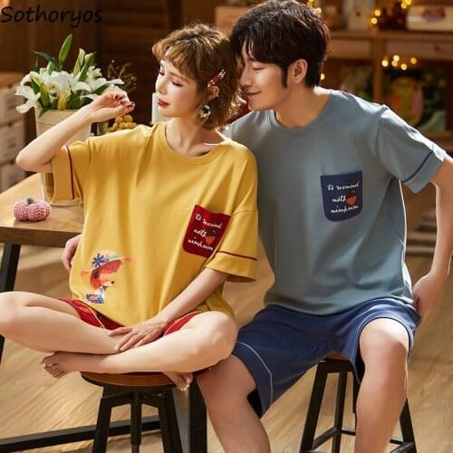 Couple Women Pajama Sets Cartoon Print O-neck Short Sleeve Cotton Korean Style Daily Homewear Lovely Leisure Breathable Fashion
