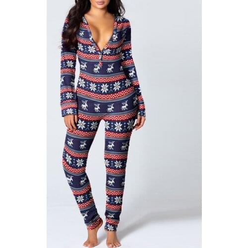 2021 New Year Christmas Functional Buttoned Flap Printed Adults Pajamas Suit Womens Sleevewear Detachable Jumpsuits