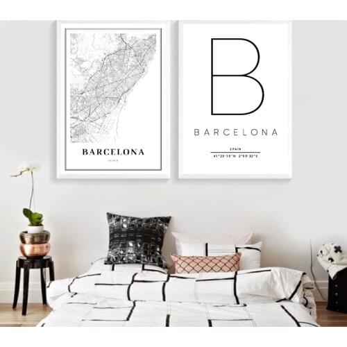 Barcelona Map Print Spain Espana Latitude And Longitude Poster Modern Canvas Painting Black White Picture Office Wall Art Decor