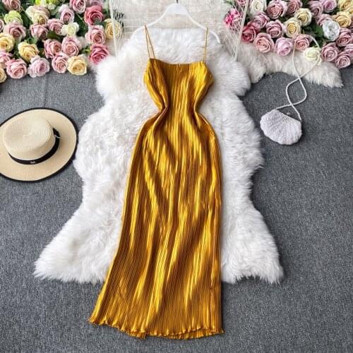 Women Sling Dress French Retro Fashion Elegant Holiday Party Quality Skinny Sexy Pleated Satin Sleeveless Mid-Length Vestido