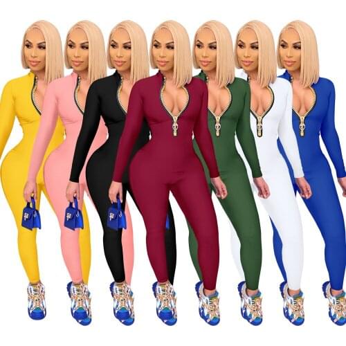 Casual Solid Zipper Sports Jumpsuit Women Sexy Long Sleeve V Neck Leggings Slim Fitness Clubwear Romper Overalls Women Outfits
