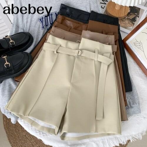 Fashion solid color PU leather Shorts irregular design high waist casual wide leg Shorts with belt 2021 New Spring Autumn