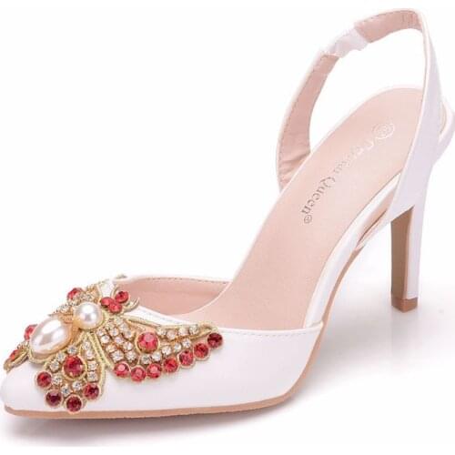 Women sandals wedding banquet PU Rhinestones Slip On 9CM Thin High heels Pointed Toe zapatos de mujer women shoes size 35-42