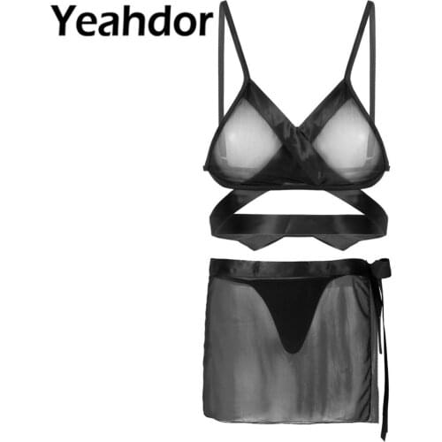 3Pcs Women Spaghetti Straps Wrap Around See Through Sheer Mesh Bra Top Tie + Side Mini Skirt G-string Briefs Sexy Lingerie Set