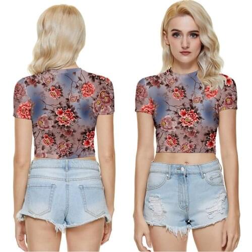 Women 2021 Summer Casual Crew Neck Crop Tops Midriff-baring Short Sleeve Printed Slim Fit T-Shirts Ladies Streetwear Fashion