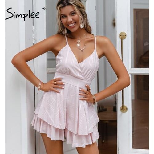 Simplee Solid suspender casual women romper Plaid backless ruffle summer playsuit 2021 trend fashion V-neck bow pink rompers