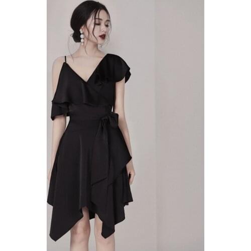 2020 Summer New Fashion Sexy Women V-neck Off Shoulder Waist Irregular Short Sleeve Dress Women Solid Sheath Office Black Dress