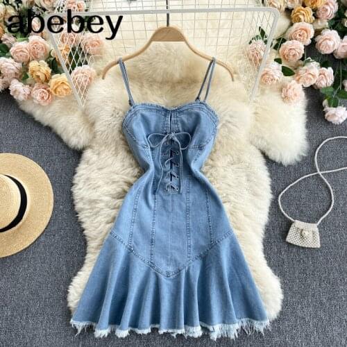 2021 Summer Spaghetti Strap Denim Dress Women Sleeveless Lace-up Bandage Slim Party Dress Sexy Ruffles Tassels Mini Jeans Dress