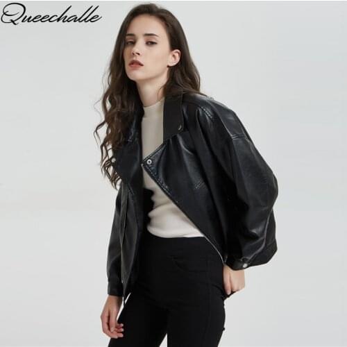 New Womens Leather Coats Spring Autumn 2020 Black Turn-down Collar Loose Locomotive Jacket PU Female Faux Leather Coat Outwear