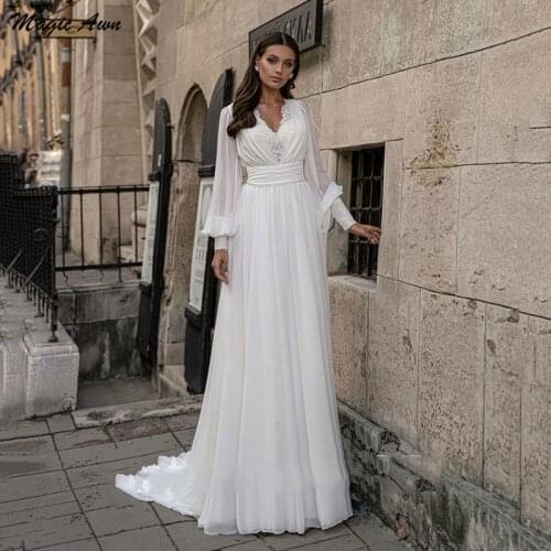 Magic Awn New Long Sleeves Chiffon Boho Wedding Dresses Lace Appliques V-Neck Illusion Princess Beach Bridal Gowns Vestidos Boda