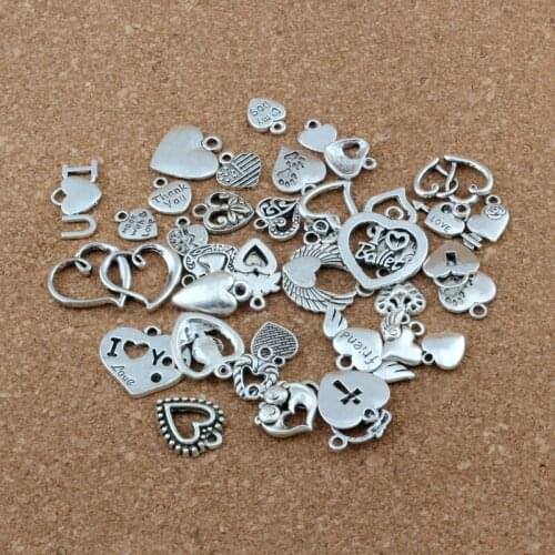 117Pcs/lot Mixed Heart Charms Pendants alloy Jewelry DIY Fit Bracelets Necklace Earrings 39-Style A-527