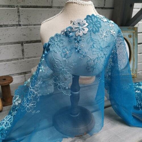 9Meters Blue Flower Edge Embroidered Lace Trim Mesh Tulle Wedding Dress Fabric Lingerie Bra Clothes Sewing Handcrafts 22cm Wide