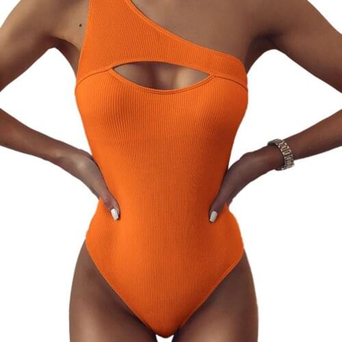 AA Summer Ladies Swimsuit Elegant One-piece Swimsuit Women Solid Color Oblique Shoulder Style Bikini Hollow Out Swimwear