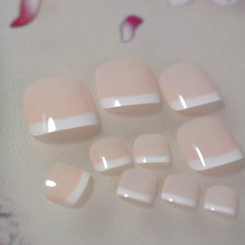 Beige White Fench Nail for Toes Wide Designed Classical Artificial Fake Toenails French Style Tips Show Your Beautiful Summer