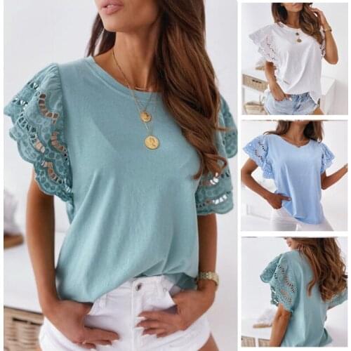 Large Size Shirt Women Stitching Short-sleeved Round Neck Pullover New Spring and Summer Lace Blouse Women