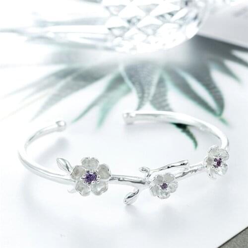 Sole Memory Literary Creativity Three Lotuses Zircon Sweet 925 Sterling Silver Female Resizable Bangles SBR163