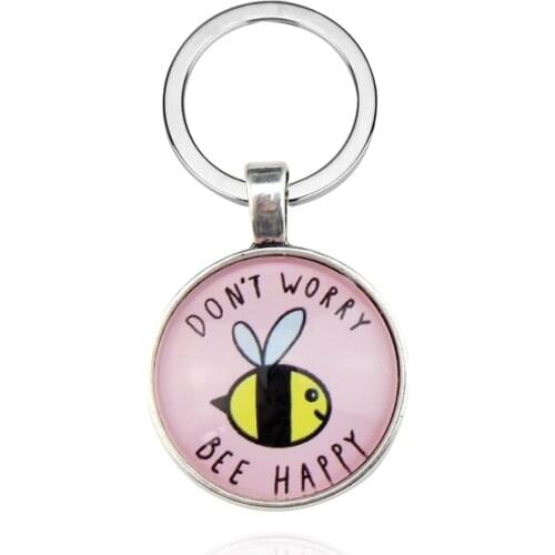 Cute Animal Bee Be Happy Glass Cabochon Keychain Key Chain Encourage Keychain Key Ring Women Men Pendant Gifts