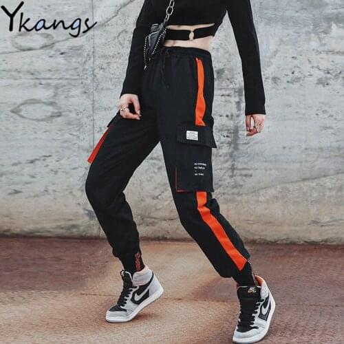 Womens Trousers Patchwork Hip Hop Cargo Pants Loose Streetwear Pencil Pants Black High Waist Women Pockets Pantalone streetwear