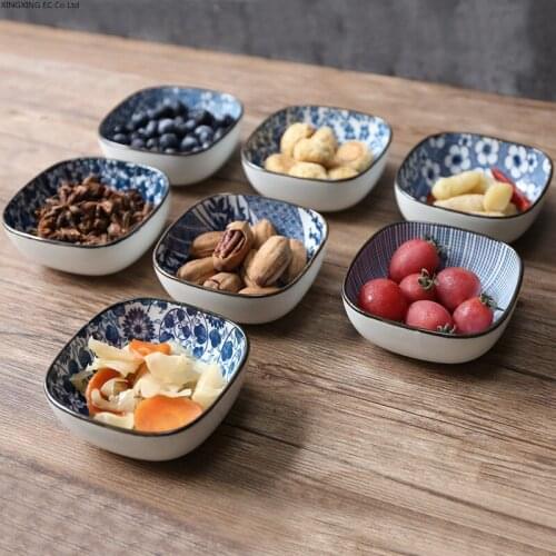 Kitchen Tableware Snack Dish Wooden Tray Sauce Dish Blue and White Ceramic Square Bowl Household Seasoning Dish Snack Platter