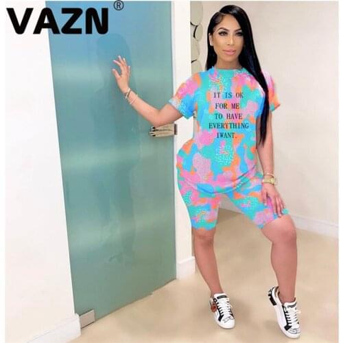 VAZN Fashion 2020 summer sexy lady pink camouflage 2-piece mid set short sleeve O-neck letters T shirt shorts set lady chic sets
