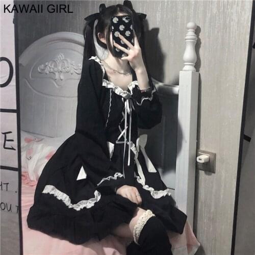 Spring 2021 New Kawaii Lolita Dress Women Sweet Cute Ruffle Black Slim Lace Bow OP Lolita Soft Girl Cosplay Maid Mini Dresses OP
