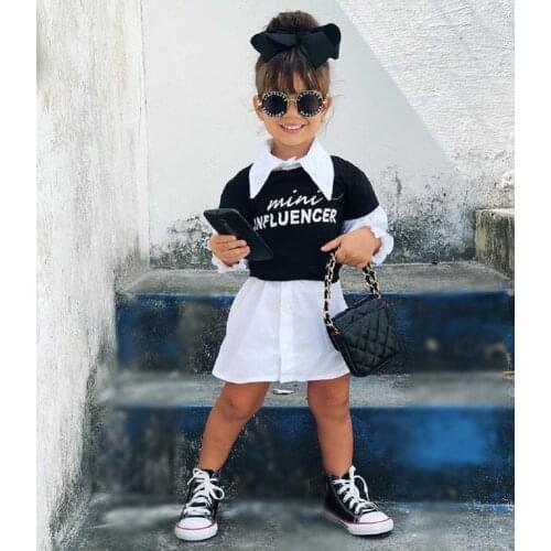 New 2021 Fashion Kids Girls Dress Suit Long Sleeve Lapel Collar Shirt Dress+O-Neck Short Sleeve T-Shirt 2Pcs Mini Clothes 1-5Y
