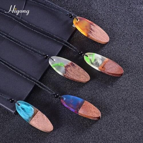 HIYONG Time Resin Wooden Pendant Necklace Adjustable Handmade Wood Resin Necklace for Women Men Sweater Chain Jewelry Gifts