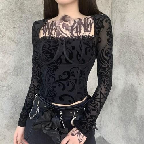 Gothic Mesh See Through Square Neck Long Sleeve T Shirt Lace Women Black Sexy Autumn Winter 2021 Casual Party Ladies Top Shirts
