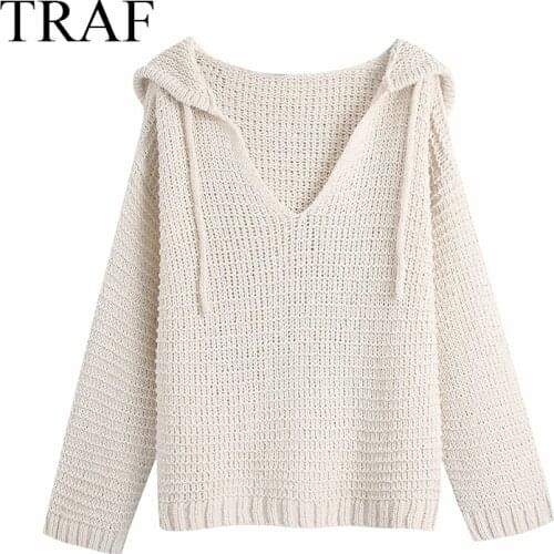TRAF ZA Womens Clothing Hoodies Fashion Solid Color Knitted Hoodie Sweater Drawstring Long Sleeve Chic Casual Female Sweatshirt