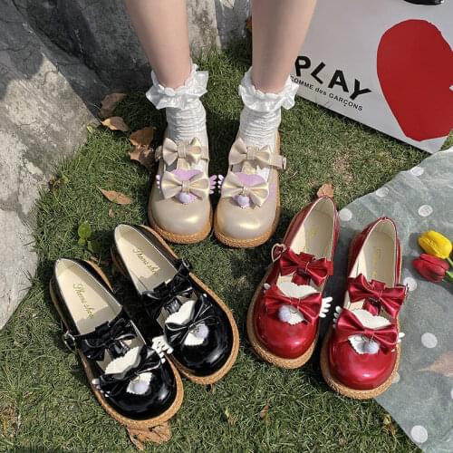 Japanese College Students Girls Round Toe Buckle Straps Bowknot Shoes Lolita JK Commuter Uniform Sweet Lolita PU Leather Shoes