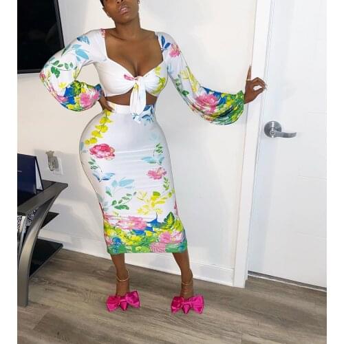 Ueteey New Two-piece Trendy Floral Print Lace-up Design Two-piece Dress Set