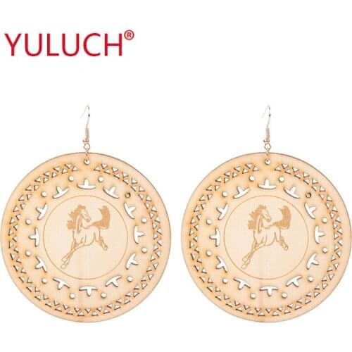 YULUCH New Design Wooden Personality Woman Earrings for The Big Round Carved Horse Horse Earrings Jewelry Fashion Jewelry Gift