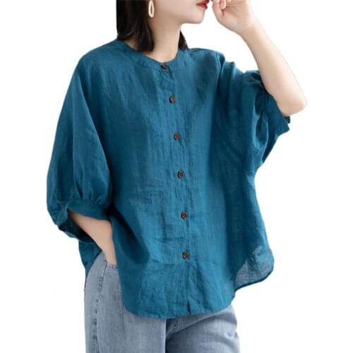 Women Summer Shirt Elegant Plus Size Button Placket Breathable Vintage Ladies Lantern Half Sleeve Blouse Work