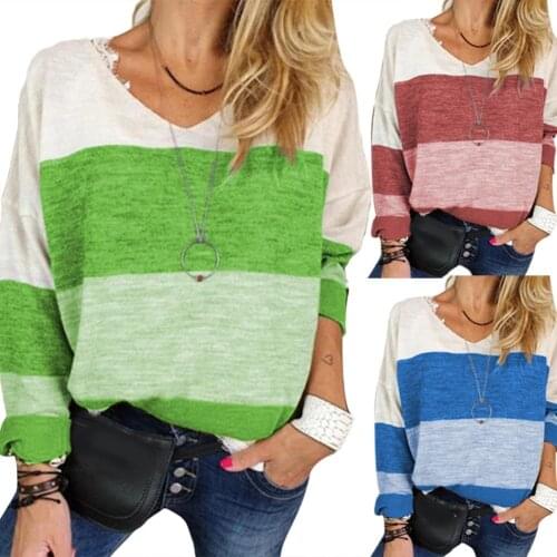 Plus Size Women Casual Autumn Color Block Long Sleeve V Neck Loose Blouse Top Cotton fabric made from soft comfortable to wear
