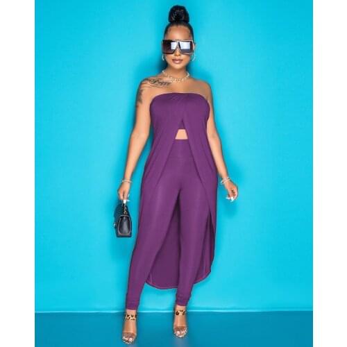 2021 Best Quality Famous Brand 2 pcs Women Set Solid Slash Neck X-Long Tops and Long Pants Summer Sexy Outfits