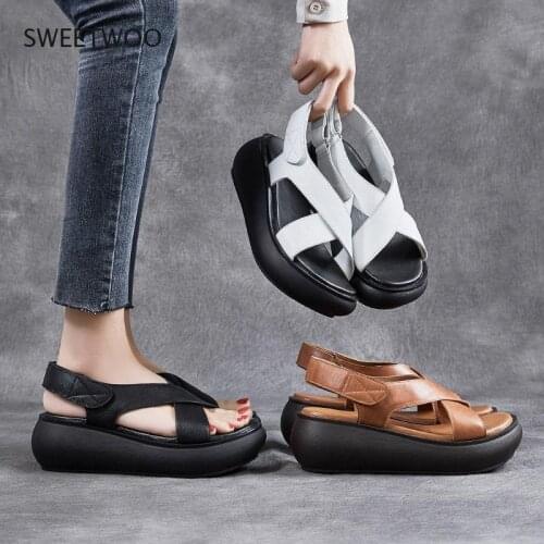2021 Summer Women Sandals Genuine Leather Shoes High Heels Ladies Summer Sandals Retro Style Women Handmade Sandal Shoes
