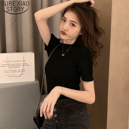 2021 New Solid O Neck Short Puff Sleeve Fashion Knitted T Shirts Women Summer Female Tops Loose Casual Cotton Ladies Tees 10375