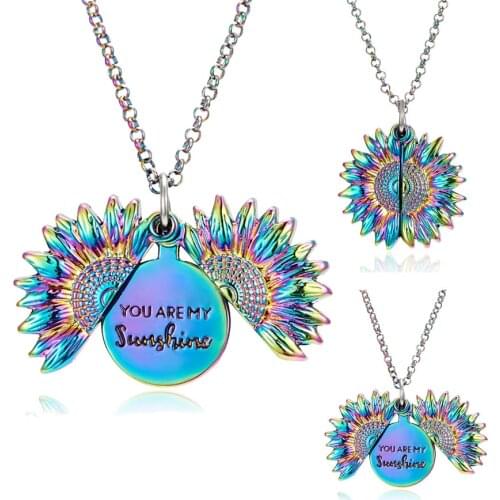 Shining Color Sunflower Necklace Engraved You Are My Sunshine Open Locket Sunflower Pendant Collar Necklace Girls Friends Gift