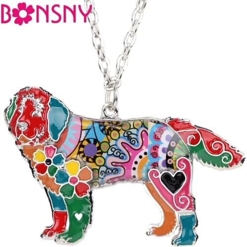 Bonsny Enamel Alloy Newfoundland Dog Necklace Pendant Chain Choker Sweet Animal Jewelry For Women Girls Pet Lovers Gift Dropship