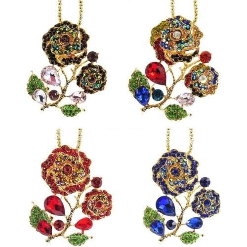 TianBo multicolor Rose Flower Long Necklace Sweater Chain Fashion Metal Full Rhinestone Crystal Flower Pendant Necklaces