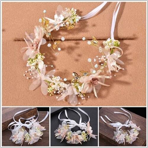 Elegant Bridal Wedding Hair Accessories Crystal Flower Headbands Ribbon Headpiece Bracelet Hair Ornament Women Hair Jewelry