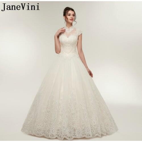 JaneVini Luxury High Neck Crystal Wedding Dresses Princess Lace Appliques Beaded Open Back Tulle Mariage Plus Size Bridal Gowns