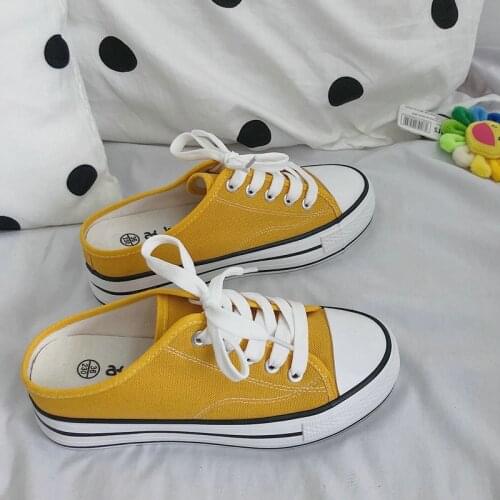 Spring Half Slippers Sneakers Women Shoes Summer White Canvas Shoes Without Heel Lace Up Casual Thick Sole Korean Platform Shoes