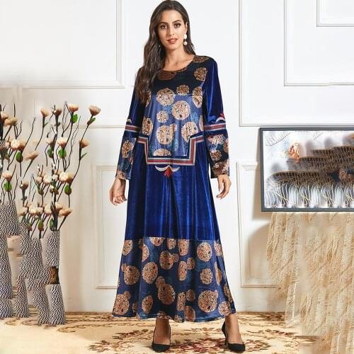 Muslim dress Ethnic embroidery solid color thick gold velvet casual big swing fashion womens clothing Abaya Dubai Dresses