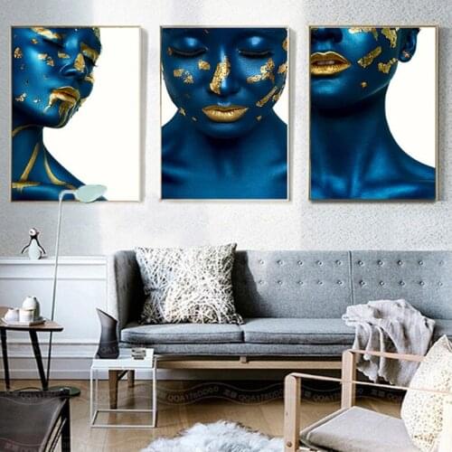 Blue Skin Gold3pcs Lip painting by numbers full square round diy diamond painting abstract women 5d diamond embroideryZP-317